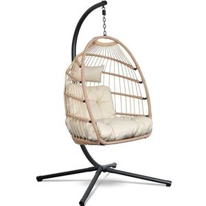 Swoods Egg Hangstoel – Hangstoel met standaard – Voor Binnen en Buiten – Incl. Kussens & Beschermhoes – Egg Chair – Cocoon – Ei Stoel – tot 150kg (Naturel)