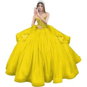 Fuomomo Quinceanera MT054 Jurken met spaghettibandjes, partyjurk met staart, Quinceanera kanten jurk met strik, Quinceanera tule met parels, donkergeel, 48/Grote Maten