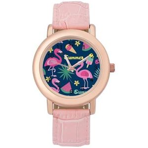 Tropisch Blad Flamingo Ice Cream Dames Horloge PU Band Polshorloge Quartz Roze Valentijnsdag Gift