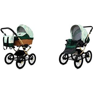 Babylux ALU 2in1 Kinderwagen Voor Peuters – Kinderwagens en Kinderwagens – Kinderwagen Kinderwagen Voor Pasgeborenen en Peuters – 59x105x125cm – Max 15kg – Green Daisy Gold Frame