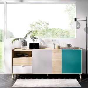 Dmora Marmontana Sideboard voor woonkamer, modern dressoir met 3 deuren, 180 x 43 x 75 cm, eiken en grijs