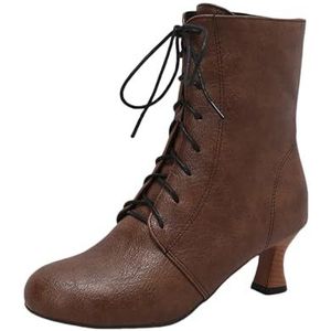 Traditionele Laarzen Met Hak Dames Enkellaarsjes In Grote Maten Retro Middeleeuwse Ankle Boots PU Leren Booties Hoge Hakken Met Bandjes Herfst-winter Enkelschoenen(Brown,43 EU)