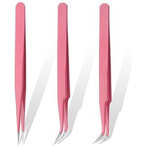 YUTOU Wimperpincetten, 3 stuks, roze, wimperpincet voor wimperverlengingen, roestvrij staal, recht en curve, pincet, valse wimpers, applicatie-gereedschap voor wimperverlenging