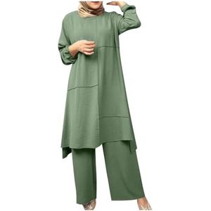 UPPJPBSW Muslim Vrouwen Plus Size Linnen Lounge Set - 2-Delige Outfit Losse Lange Mouw Tuniek Shirt met Gespleten Zoom Wijde Broek,Groen,3XL