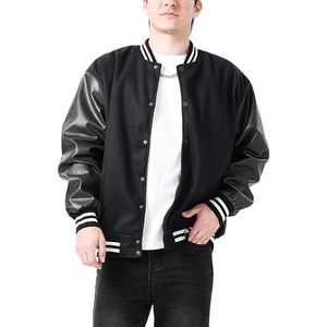 A&M Express Casual Varsity Baseball Bomberjack voor heren, uniseks, collage van wol en leer, Letterman-jas, Zwart, L