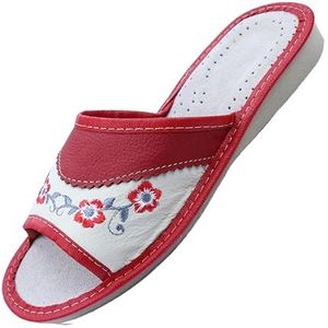 APREGGIO Leren damespantoffels, comfortabele pantoffels met rubberen zool, handgemaakte slippers voor thuis, ademende huispantoffels met bloemenpatroon, maat 36-41, rood, 36 EU