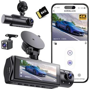 SHRINLUCK X5 4K WiFi 3-kanaals dashcam auto, 2160p + 1080p + 1080p FHD drievoudige dashcam auto, 360° autocamera aan alle kanten, gratis 64G SD-kaart, G-sensor, WDR, nachtzicht, parkeermonitor