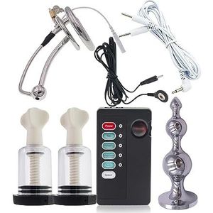 Gerrit BDSM Elektrostimulatieset Elektroschok Seksspeeltje met peniskooi Anale plug/buttplug en tepelzuiger Marteling Massager Volwassen spellen for vrouwen Mannen Stellen (Color : Silver Silber, Si