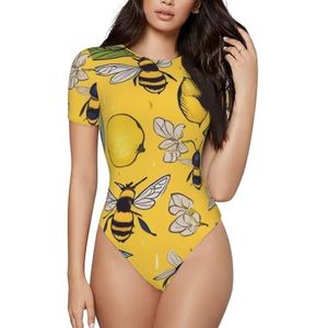 ELSMZXZD Bodysuit met korte mouwen voor dames - geel citroen- en bijen-bedrukt lichaamspak, rekbare T-shirttop, casual slim fit turnpakje, 3 D, S