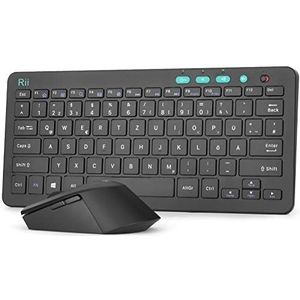 Rii Toetsenbord- en muisset, draadloos, 2,4 G, compact toetsenbord met draadloze muis voor laptop, pc en Smart TV, Duitse QWERTZ-lay-out, zwart