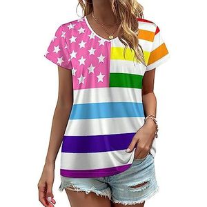 LGBT Gay Pride USA vlag dames V-hals T-shirts leuke grafische korte mouw casual T-shirt tops XL