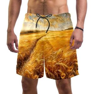 PAFEFO Zwemplank Shorts voor Mannen Strandshorts voor Tieners Zomer Sneldrogende Sport, Gouden Velden van Kunst, Gouden Kunstvelden, L