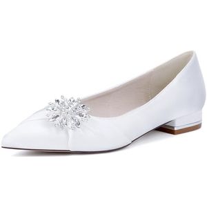 KYEGLO Satijnen Bruidsmeisjesschoenen Met Spitse Neus Voor Dames - Gesloten Platte Schoenen Met Strass Voor Feestjes, Bruiloften En Cadeaus Voor Dames,Wit,36 EU