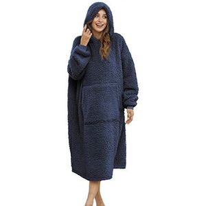ililmmoe Unisex oversized draagbare deken hoodie voor vrouwen mannen, lange comfortabele sherpa-deken sweatshirt Ruige trui pluche warme gezellige deken één maat past iedereen-marineblauw