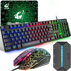 Gaming Toetsenbord en Muis Set met Adapter, QWERTZ Duitse Layout Kleurver Lichtings Toetsenbord 6 Toetsen 2400 DPI Muis Muismat, USB Bedraad Ergonomisch Ontwerp Compatibel met PS4 XBox Switch, Zwart