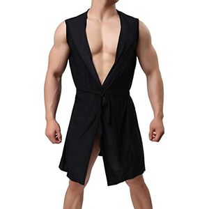 Mens Satin Bathrobe Mouwloze HouseCoat Nachthemd Knielengte Pyjama Nachtkleding met tailleband Silky Hooded Robe Dressing Towns (Color : Black, Size : M)