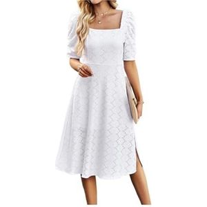 Dames Zomer Casual Midi Maxi Jurk Vierkante Hals Halve Mouw Ruches Backless, Wit, M