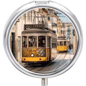Lissabon Tram Pillendoos Ronde Draagbare Kleine Pil Case Waterdichte Reizen Pillendoos Organizer voor Pocket Portemonnee en Dagelijks Gemak