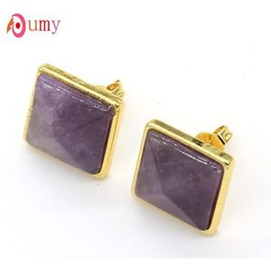 Natural Crystal Quartz Agate Green Turquoise Stone Earrings Square Pyramid Stud Earrings Women's Jewelry,amethyst