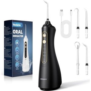 Vexloria draadloze monddouche, draagbare IPX7 waterdichte elektrische monddouche met 5 standen en 4 sproeiers, 320 ml watertank, voor het verwijderen van voedselresten, zwart