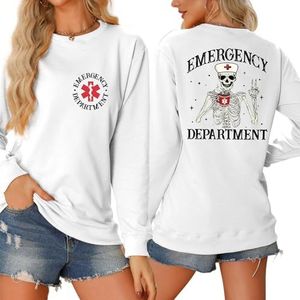 MLZHAN Spoedeisende Afdeling Aan De Voorzijde Print Vrouwen Halloween Sweatshirts Grappig Skelet Verpleegster Hoed Cup De Rug Print Shirt (S, Wit), Wit, S