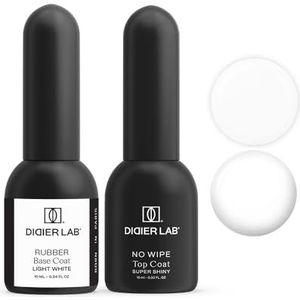 Didier Lab - Base Coat Top Coat UV - Rubber Base Gel Light White - No Wipe Top Coat Gel UV Super Shiny - LED UV Nagellak Set - HEMA en TPO-vrij - Versterkt Zwakke Nagels - Langdurig - Gellak Set