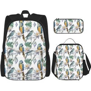 SUHNGE Pickleball Ballen Kleuren Patroon Print 3 Stuks Rugzak Schooltas met Lunch Tas Set Potlood Case voor Meisjes Middelbare School, Papegaaien op takken, Eén maat