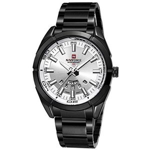 NAVIFORCE Mannen Sport Horloges Waterdichte Militaire Quartz Casual Lederen Datum Klok Horloge, Zwart Zilver, jurk