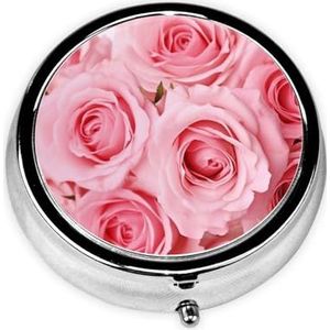 Roze verse rozen print pillendoos ronde metalen pillendoos met 3 compartimenten draagbare mini pillenorganisator schattige pillencontainer voor zakportemonnee kantoor reizen