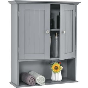 Houten badkamerkast, aan de muur gemonteerde opbergkast met verstelbare plank en compartiment, moderne toiletkast opbergeenheid for keuken woonkamer gang (grijs, met metalen handgrepen) (Color : Gray
