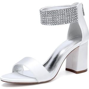KYEGLO Satijnen Bruidsmeisjesschoenen Met Ronde Neus, Open Teen Met Dikke Hakken En Strass-Steentjes, Enkelbandje, Sandalen Met Bandjes Voor Bruiloftsgasten,ivoor,36