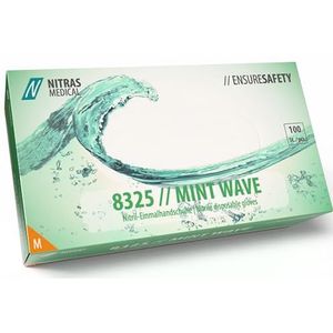Nitras 8325 MINT WAVE poedervrije, niet-steriel, medische, voedselveilige nitril wegwerphandschoenen, kleur groen, 100 stuks in dispenserdoos (M)