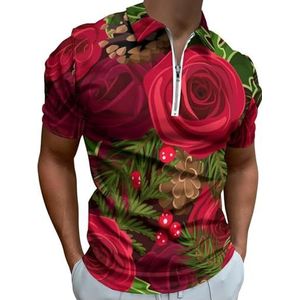 Romantische Rode Roos Half Zip-up Poloshirts Voor Mannen Slim Fit Korte Mouw T-shirt Sneldrogende Golf Tops Tees 3XL
