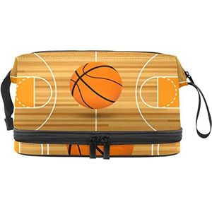 Multifunctionele opslag reizen cosmetische tas met handvat,Grote capaciteit reizen cosmetische tas,Vintage houten basketbalveld, Meerkleurig, 27x15x14 cm/10.6x5.9x5.5 in