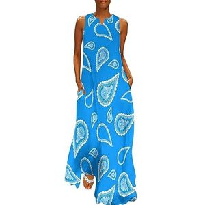 Blauwe paisley dames enkellengte jurk slim fit mouwloze maxi-jurk casual zonnejurk 3XL