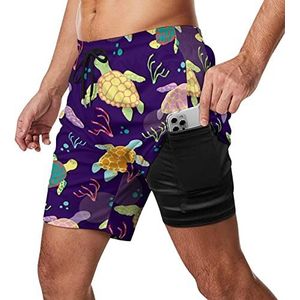 Sea Turtles Zwembroek voor heren, sneldrogend, 2-in-1 strandsportshorts met compressieliner en zak