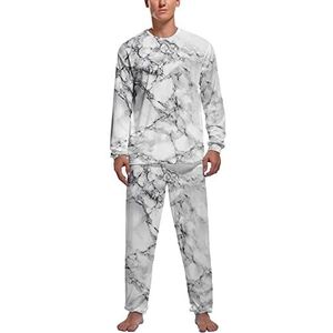 Witte marmeren zachte heren pyjama set comfortabele lange mouwen loungewear top en broek geschenken S