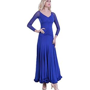 Yhsgscr Ballroom trainingsoutfit met V hals Flamenco grote swingrok Smooth Soft Foxtrot kostuums Feestjurk voor dames Moderne nationale standaard dansoutfit met lange mouwen,Blauw,3XL