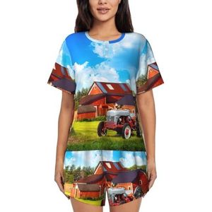 Bedrijf Boerderij Tractor Print Dames Zomer Zachte Tweedelige Bijpassende Outfits Korte Mouw Pyjama Lounge Pyjama Sets, Zwart, 3XL