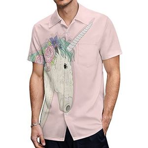 Leuke Eenhoorn met Bloemen Heren Hawaiiaanse Shirts Korte Mouw Casual Shirt Button Down Vakantie Strand Shirts 3XL