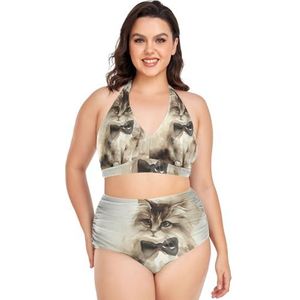 Art Aquarel Kat Kitten Vrouwen Bikini Sets Plus Size Badpak Twee Stukken Hoge Taille Strandkleding Meisjes Badpakken, Pop Mode, L