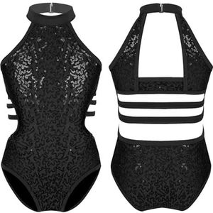 YGLEEULI Turnpakjes voor meisjes en meisjes, turnpakjes met sprankelende pailletten, danskleding, mouwloze uitsparingen aan de achterkant met bandjes op de taille, ballet danspak, Zwart-a, 6 Years
