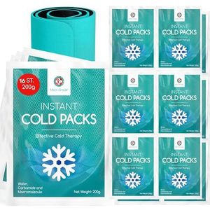 Medi Grade Instant Coldpack, 16 Stuks van 200g (15,24 cm x 20,32 cm) - Koud Kompres voor Onmiddellijke Verlichting, Geen Vriezer Nodig - Ice Pack voor Knie en Enkel - Ijskompres met Stabilisatieband