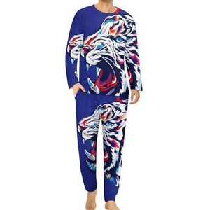 Kleur Tiger Face Comfortabele Heren Pyjama Set Ronde Hals Lange Mouw Loungewear met Zakken 5XL