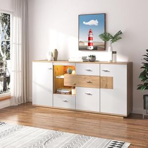 TOTITOM Moderne dressoirkast met veel opbergruimte, met ledverlichting, 160 x 40 x 77 cm, 2 deuren, 4 laden, glazen plank, houtlook, wit, woonkamermeubel, organizer, commode, multifunctionele kast.