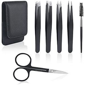 URAQT Set wenkbrauwpincetten, 6 stuks Professionele roestvrijstalen precisie-pincet Wenkbrauwschaar Wenkbrauwborstelset met lederen opbergkoffer, voor wenkbrauwen plukken, gezichtshaarverwijderaar