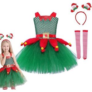 Kinder Elf Outfit Jurk, Mooi Kerst Elf Kostuum Met Hoofdband, Vakantie Rode En Groene Kinderjurk, Santa's Helper Kostuum, Elf Outfit Aankleedaccessoire Voor Kinderen Kerstvakantie Festival