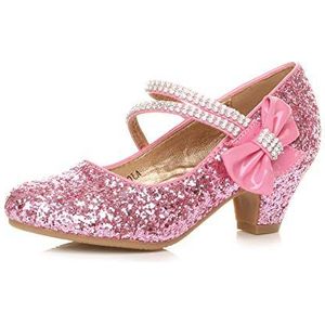 AJVANI Meisjes Childrens Kids Mary Jane Diamante Boog Bruidsmeisje Feest Prinses Hakken Schoenen Maat, Roze Glitter, 10 UK Child