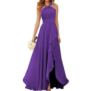 Halter Prinses Bruidsmeisjes Jurken Geplooide Galajurken Ruche Chiffon Split Formele Avond Party Gown ZM212, Paars, 32