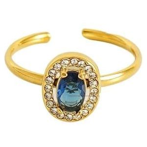 Damesbloemring roestvrij staal liefde vierkant dubbellaags diamant 18K ring live mond verstelbare zirkoonring (Color : Oval [Blue]_Adjustable)